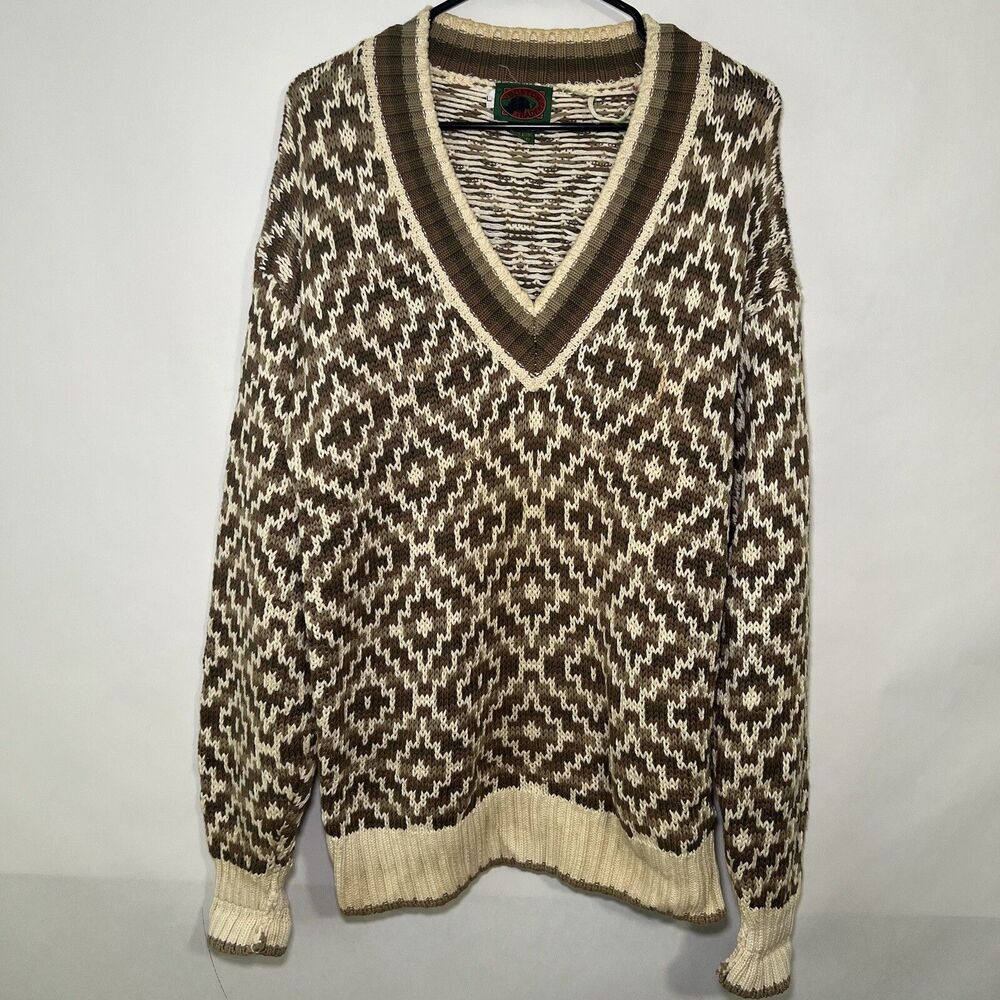 Vintage 90s Boston Traders V Neck Sweater Mens Size Large Brown Geometric Knit